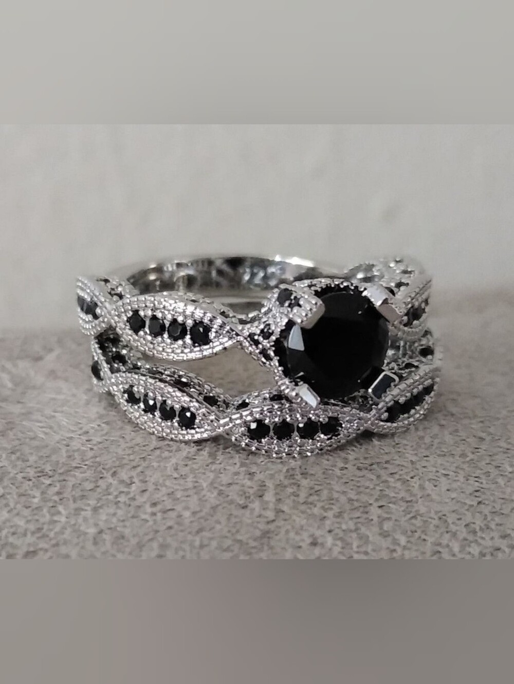 10k White Gold Over Silver 2 PC Onyx Solitaire W/Accents Eternity Ring Set Sz 10